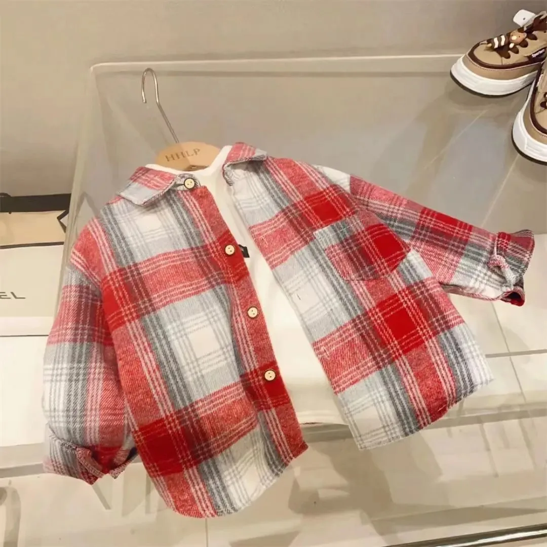 Camisa de algodão xadrez de mangas compridas infantil, blusas finas, tops para menino e menina, roupas infantis de 1 a 9 anos, primavera