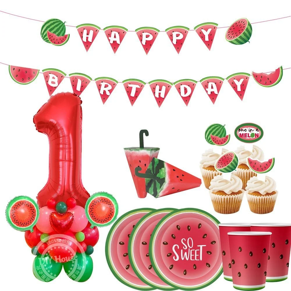 1set Watermelon Birthday Party Disposable Tableware Paper Cups Plates Banners for Kids Summer Birthday Party Decoration Supplies