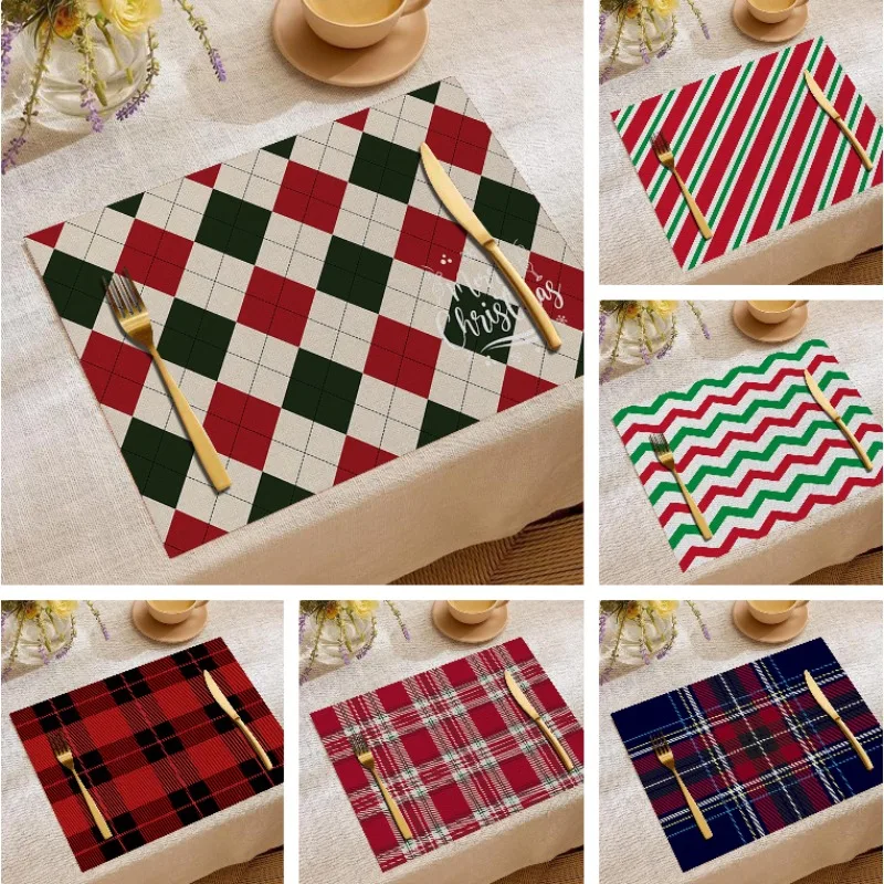 Checkered Linen Placemat High-end Luxury Feel Home Decoration Placemats Bowls Plates Anti-slip and Heat-insulating Mats