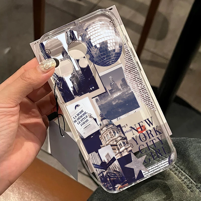 Fundas transparentes con diseño de discoteca de chica de Nueva York para iPhone 14 Pro Max 17 13 12 11 16 ProMax 15 14 Plus XR XS 7, funda anticaída