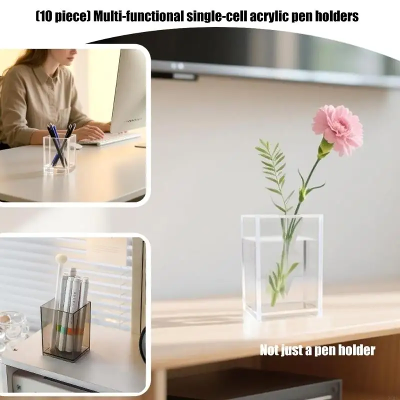 10Pcs Clear Acrylic Pen Cup Stackable Large Compartment Multipurpose Desk Pen Organiser Cosmetic Box For Home Office N0HC