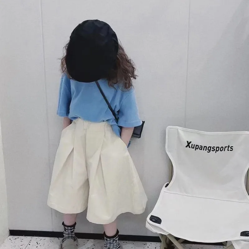Summer Korean Version New Girls Short Sleeved Fashionable Little Girls Casual Sports Solid Color Two Piece Set in Stock