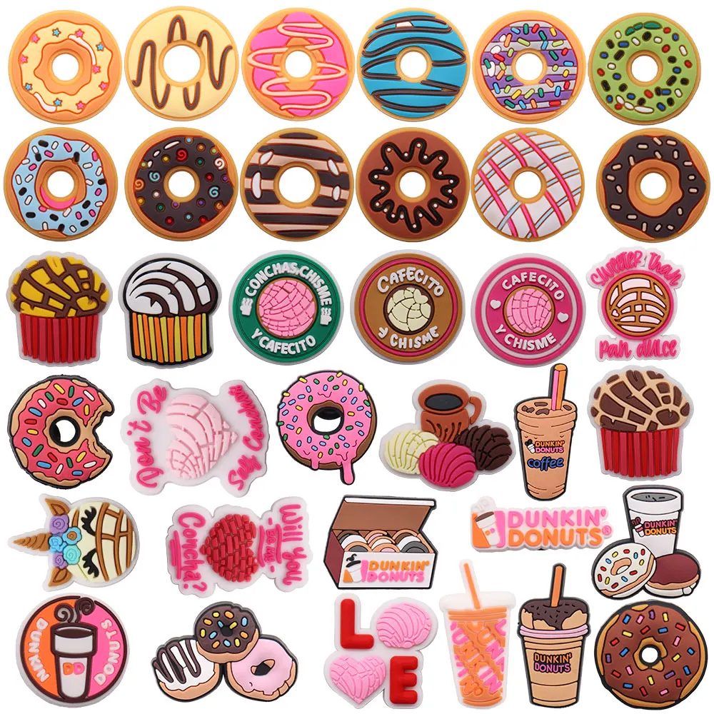 1-35PCS PVC Shoe Charms Food Cookie Cake Coffee Donuts Buckle Clog Fit Wristband Shoes Decoration Ornaments Accessories Kid Gift