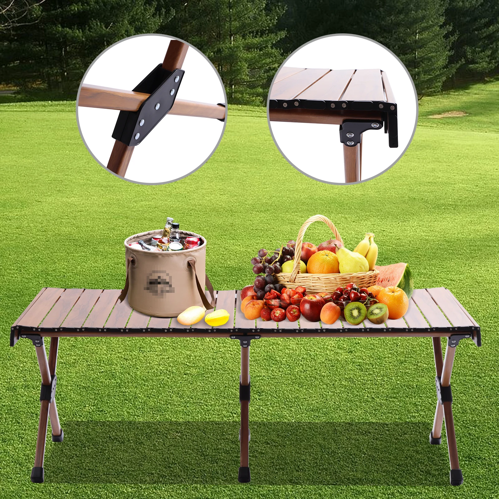 Folding Camping Table, Aluminum, Portable, Roll-Up Picnic Table, 4-6 Person, BBQ Backyard, Patio Party, Wood Grain