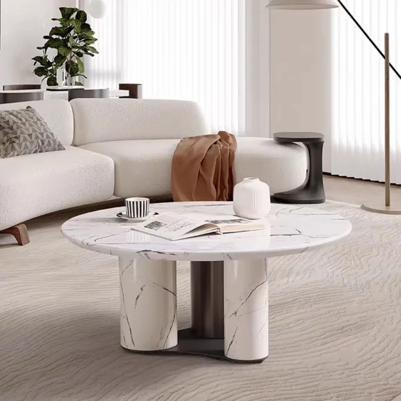 Snow Mountain White Marble Round Coffee Table Designer Household Stainless Steel Round Coffee Table Marble Coffee Table