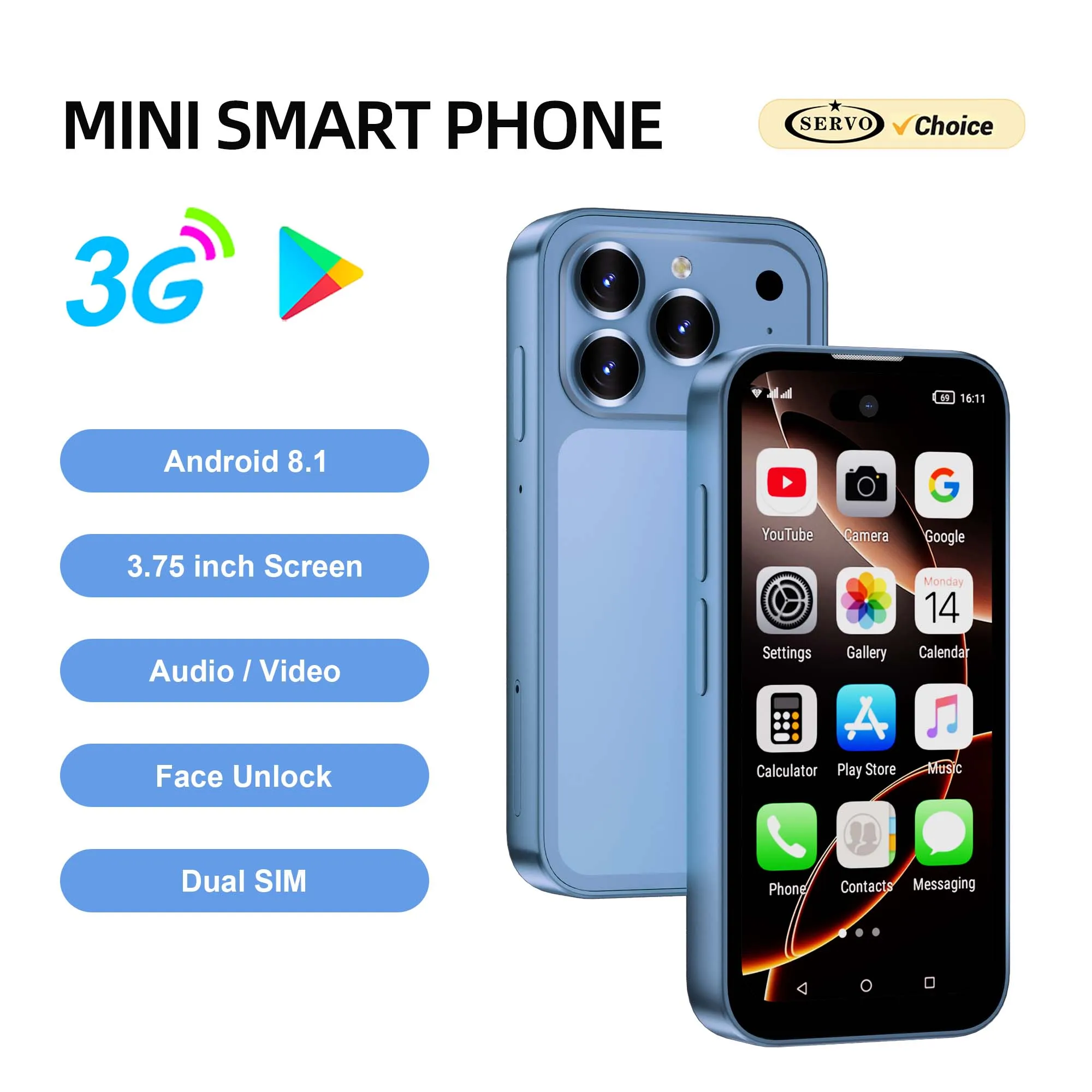 SERVO Unlocked Pocket Smartphone Android 8.1 3G WCDMA Dual SIM Face Unlock WiFi GPS 3.75