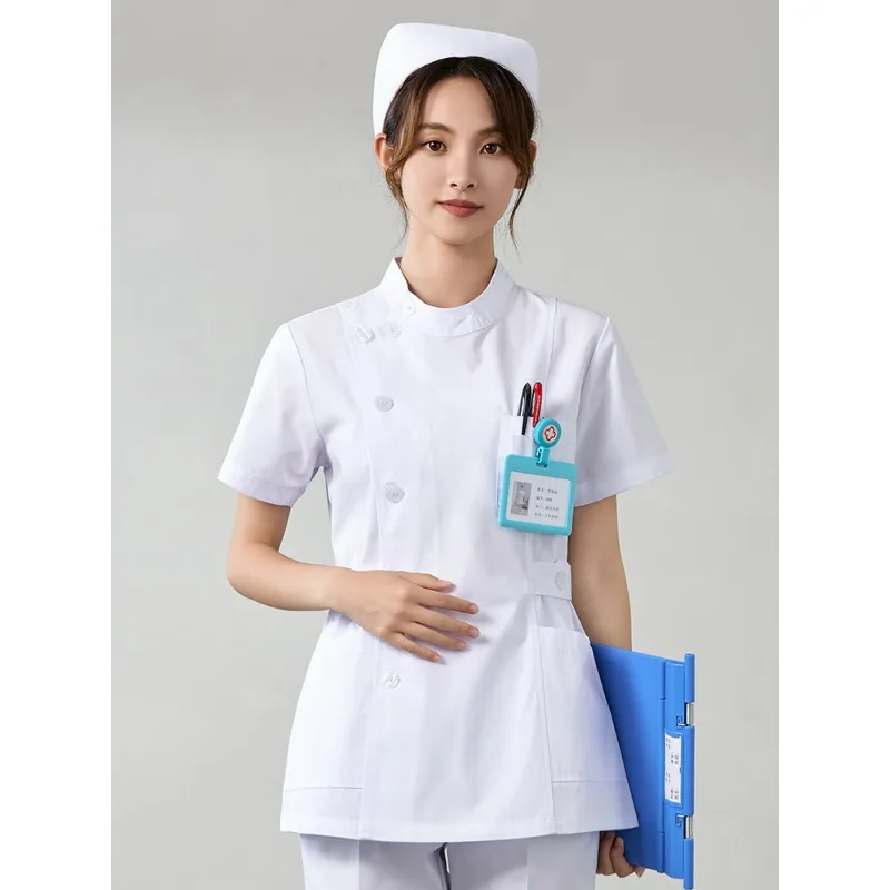 Hot Women Men Medical Tops Dress Hospital Lab Coat Workwear Uniform Short Sleeve T-shirt Unisex Nurse Doctor Costume