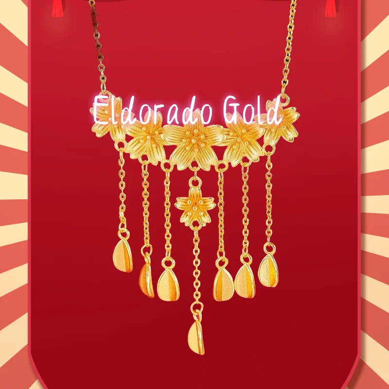 

2025 2025 9999 Real Gold 24K New Chinese Premium Flower Wedding Cherry Blossom Set Chain Bridal Wedding Flower Necklace Set Chai