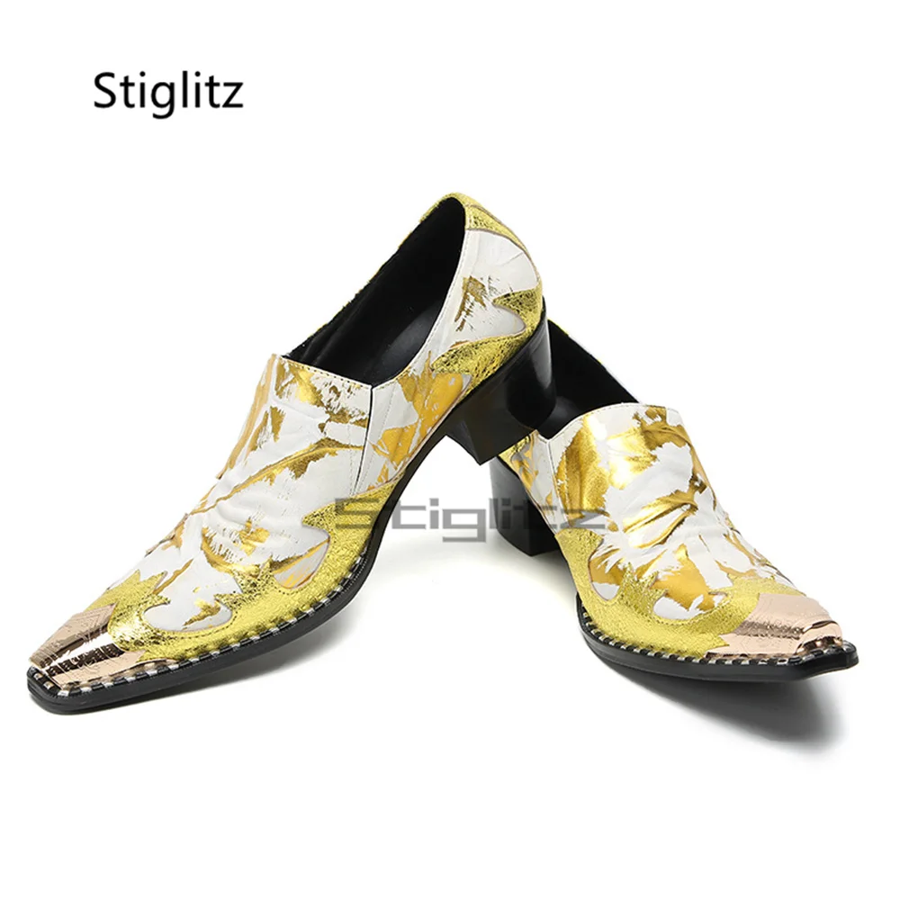 Men's White Gold Patchwork Loafers Metal Pointed Toe Slip On High Heels Genuine Leather Dress Gentleman Party Wedding Shoes