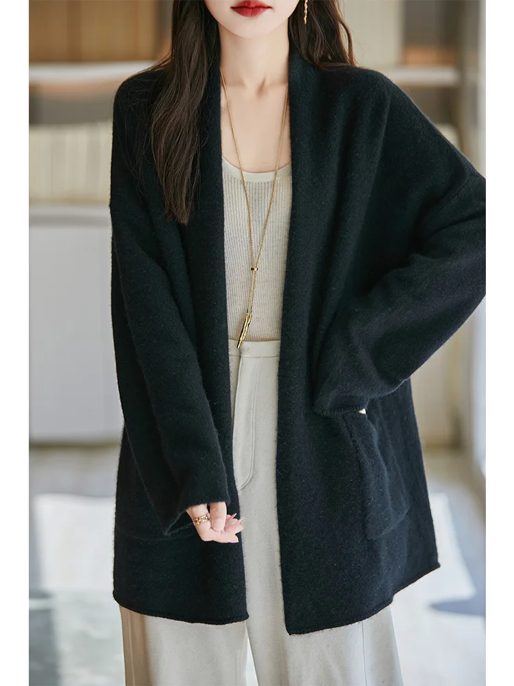 

New Women Wool Cardigan 100% Merino Wool Knitwear Korean Solid Color Sweater Female Grace Casual Loose Soft Tops Casual Coat