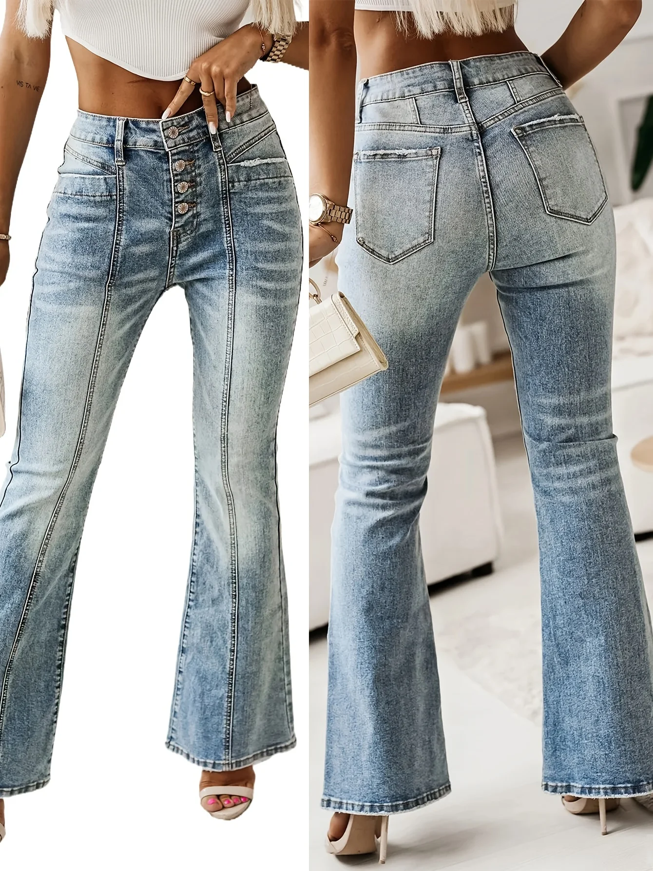 

Синие джинсовые расклешенные джинсы, эластичные джинсы на пуговицах, повседневные и модные расклешенные брюки, подходящие для повседневной носки