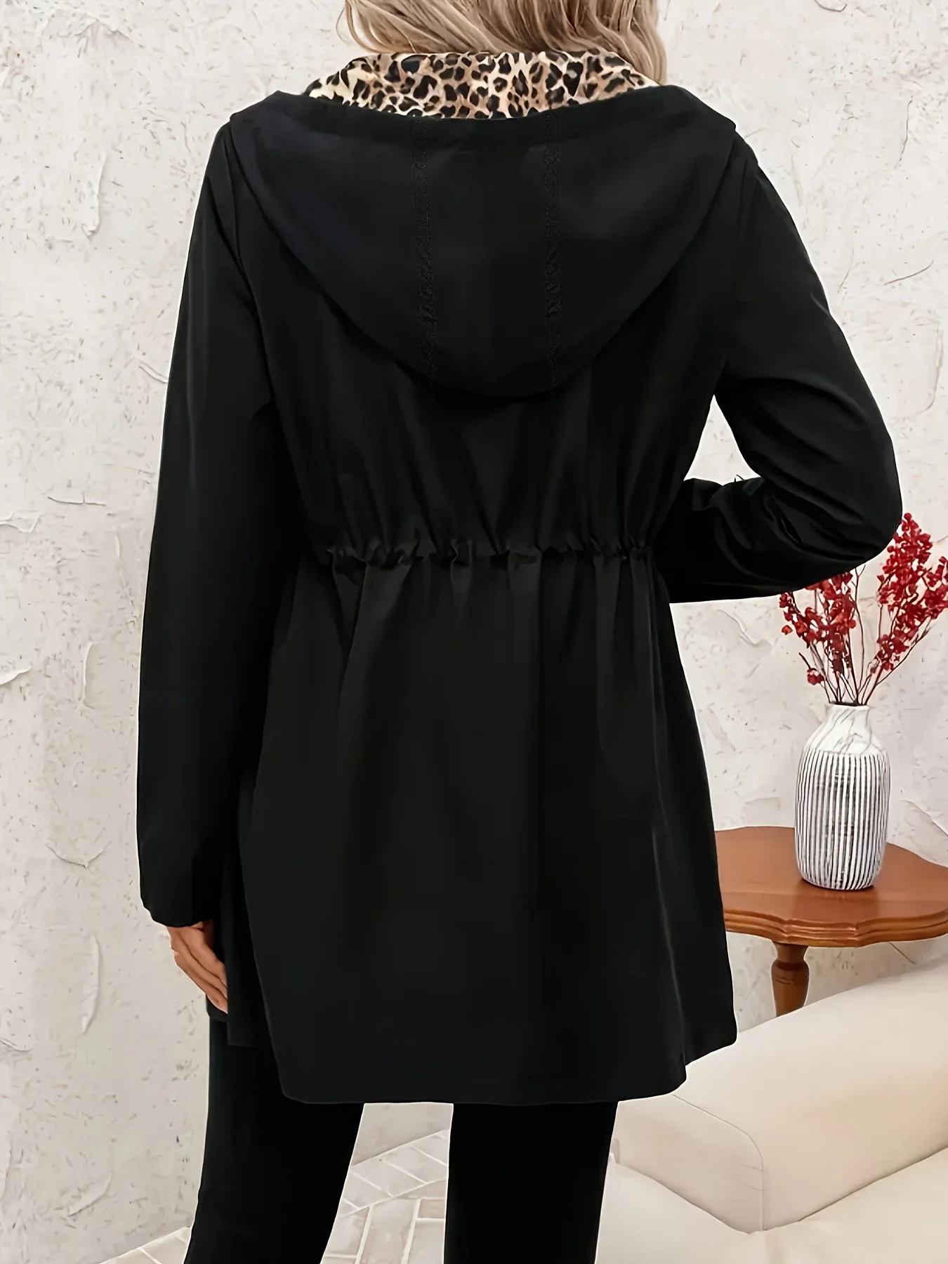 Ladies Zip Front Reversible Hooded Coat Black Outside Leopard Lining Adjustable Waist Casual Long Sleeve Jacket