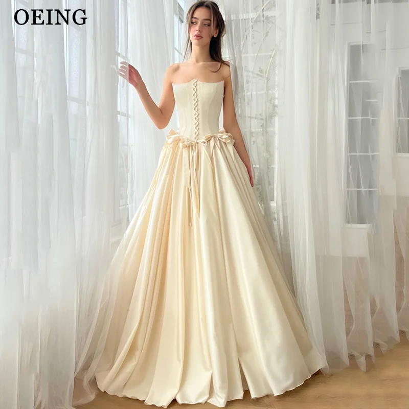 

OEING Princess A-Line Prom Dresses Ivory Satin Strapless Bows Draped Birthday Party Dresses robes de soirée Customized