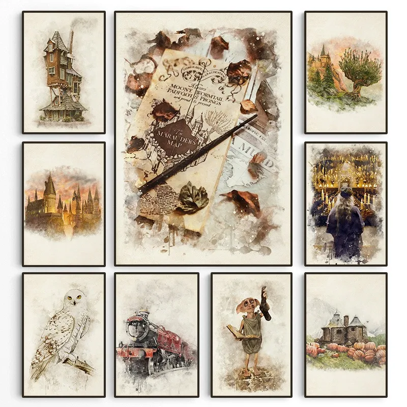 Wizard Inspired H-Hogwarts Poster Owl Magical School Castle Pumpkin House Canvas Painting Nursery Wall Art Kids Room Home Dec
