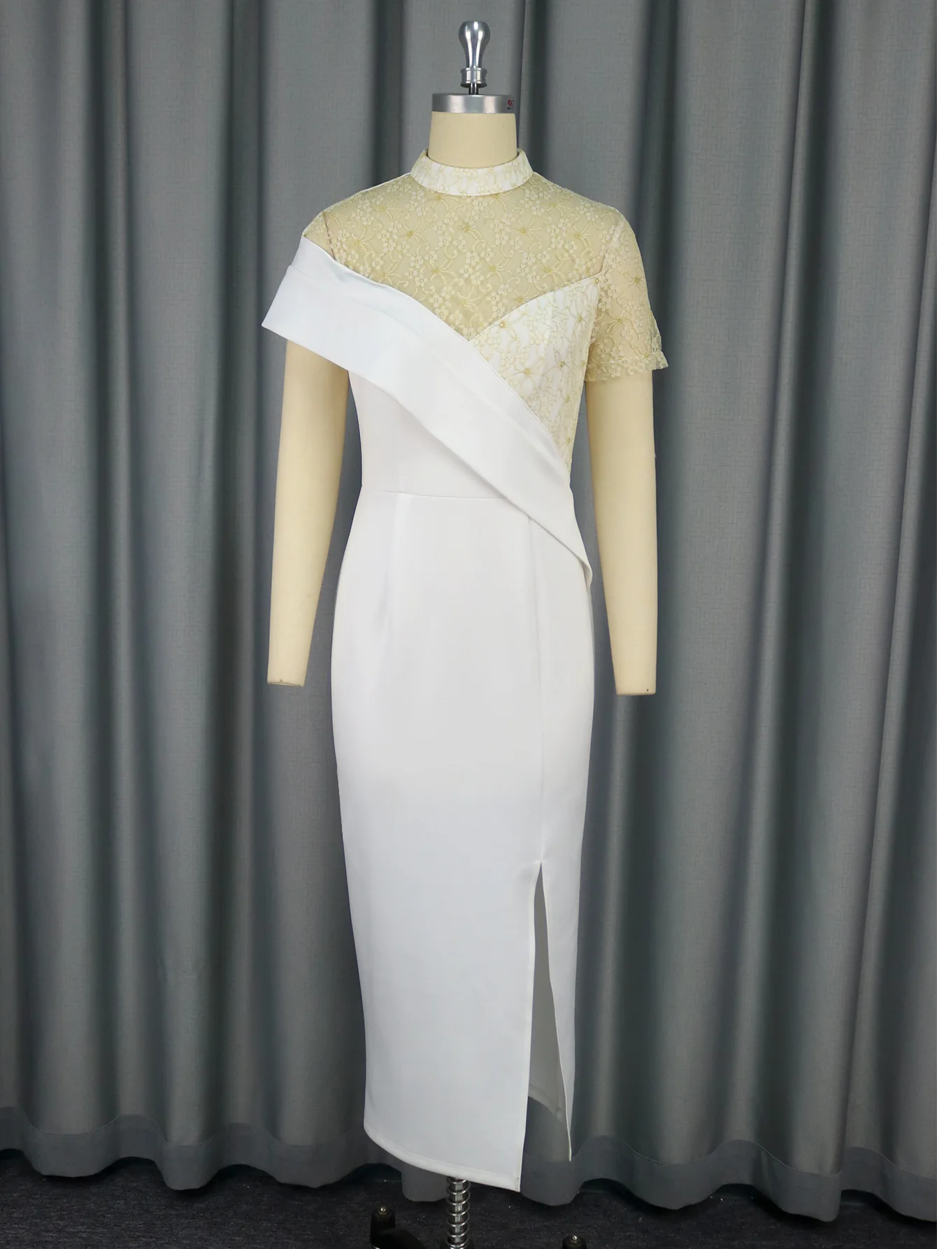 AM050223 라운드넥 시스루 레이스 반팔 드레스 파티 웨딩 들러리 스플릿 드레스 여름 드레스 로브 베스티도 여성 우아한 드레스