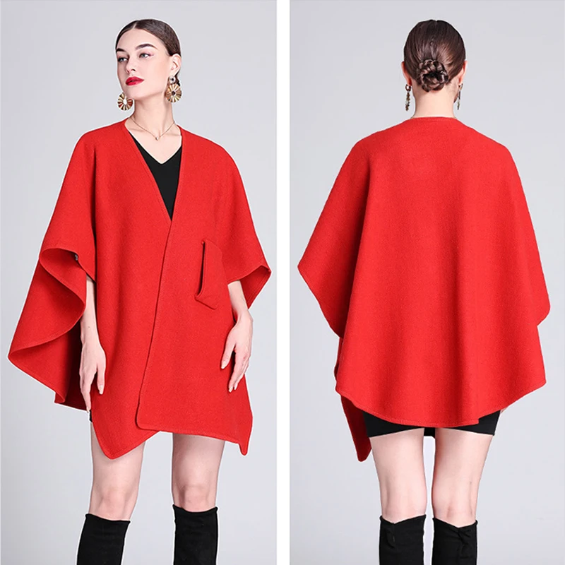 Fashion Side Strap Soft Wool Blends Poncho Cape Coat Autumn Winter Women Cardigan Shawl Cloak