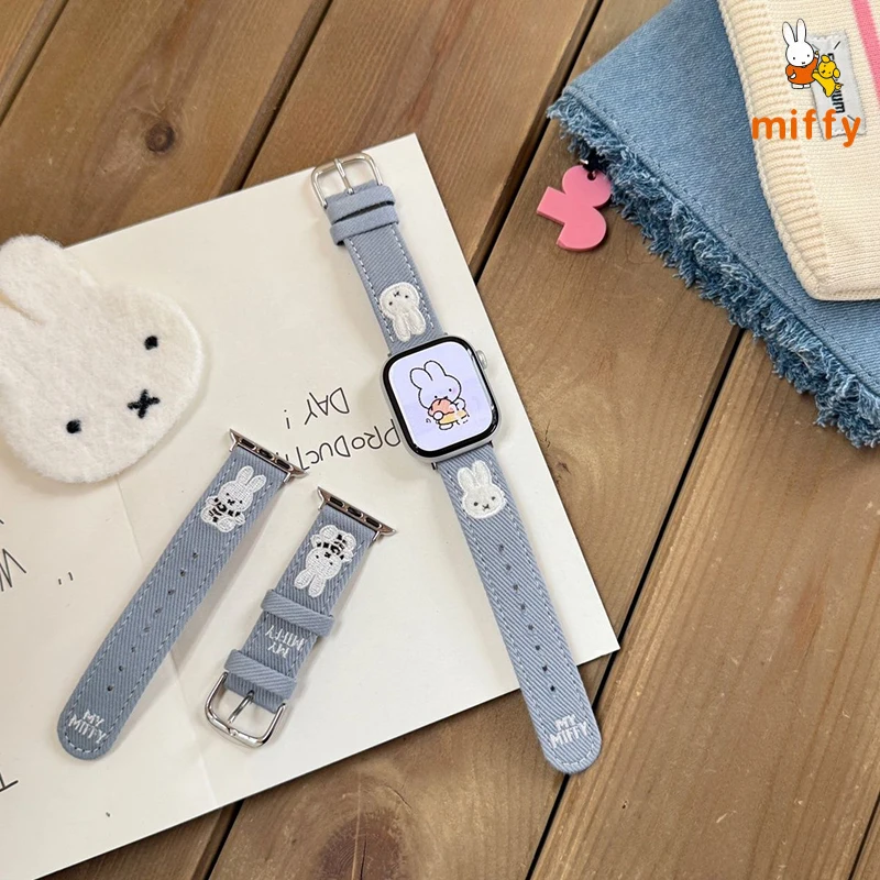 

Kawaii Miffy Watch Band Suitable for Iwatch Ultra 10 9 Cartoon Embroidered Denim Watch Band Anime Accessories Girl Perfect Gifts