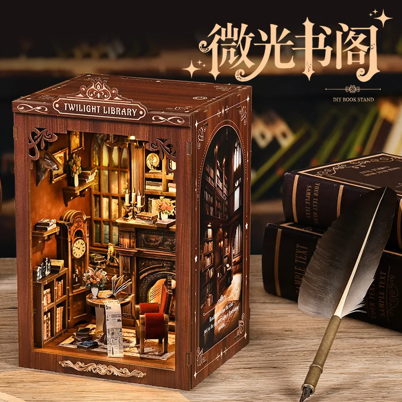 Twilight Library DIY Mini Book Nook 3D Wooden Assembly Puzzle Creative Bookend With Touch LED Light Home Decoration Adult gifts