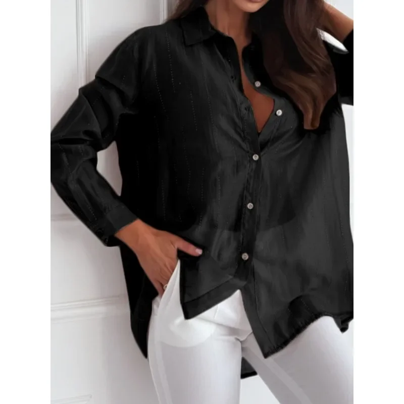 

S-XXL Women's Fashion Solid Color turndown collar Blouse Shirt Ladies Casual Simple and Comfortable Long Sleeve Shirt Top