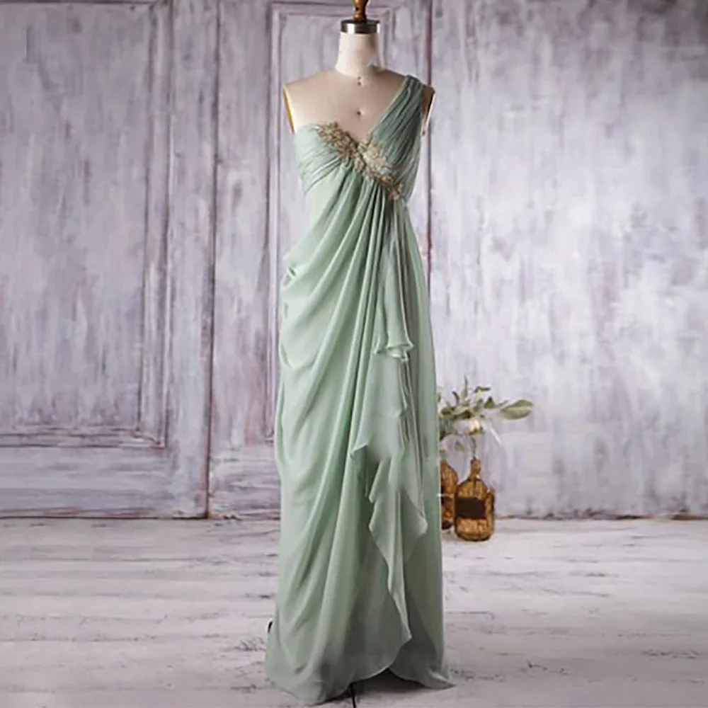 

Light Green Prom Dress Exquisite Appliques One Shoulder Draped Floor Length Mermaid Gown Formal Occasion Cocktail Party Dress