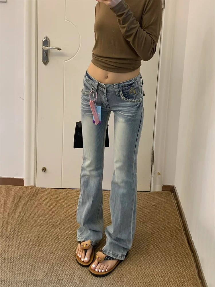 plus Size American Style Light Blue Low Waist Retro Denim Pants Women's Autumn New All-Match Slimming Leopard Print Straight ...