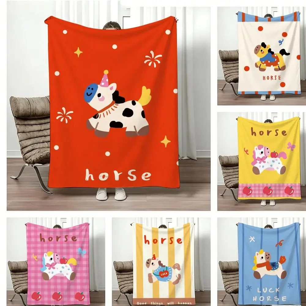 Cute Cartoon Spotted Horse Print Flannel Throw Blanket Kawaii Little Pony Multi‑Color Pattern Soft Lightweight Plush Blanket for Sofa Couch Bed Kids Bedroom Home Decor