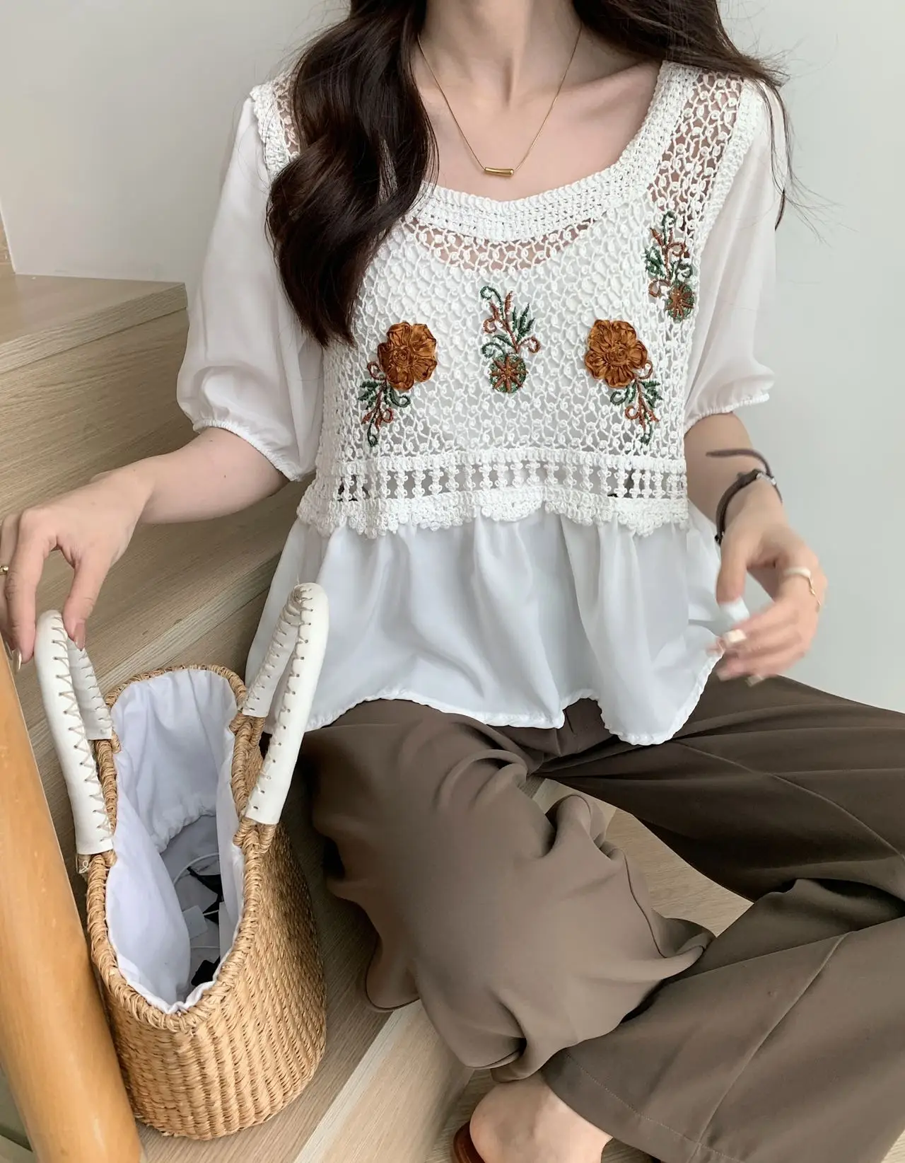 Women Blouse Embroidery Floral Crochet Top Puff Sleeve Square Neck Babydoll Top Summer Women Teen-girl Fairycore Outfit