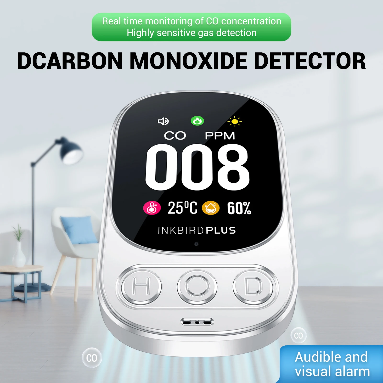 INKBIRDPLUS HD08 Plug-in Carbon Monoxide Detector 3-in-1 Air Quality Monitor with Audible AlarmTemperature Humidity CO Detector