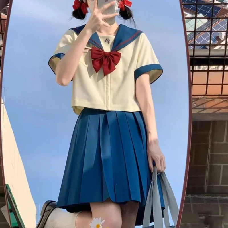 2023 New Gentle Salt Navy Comic Sense Sailor Suit Japanese College Style JK Uniform Pleated Skirt Two-Piece Set