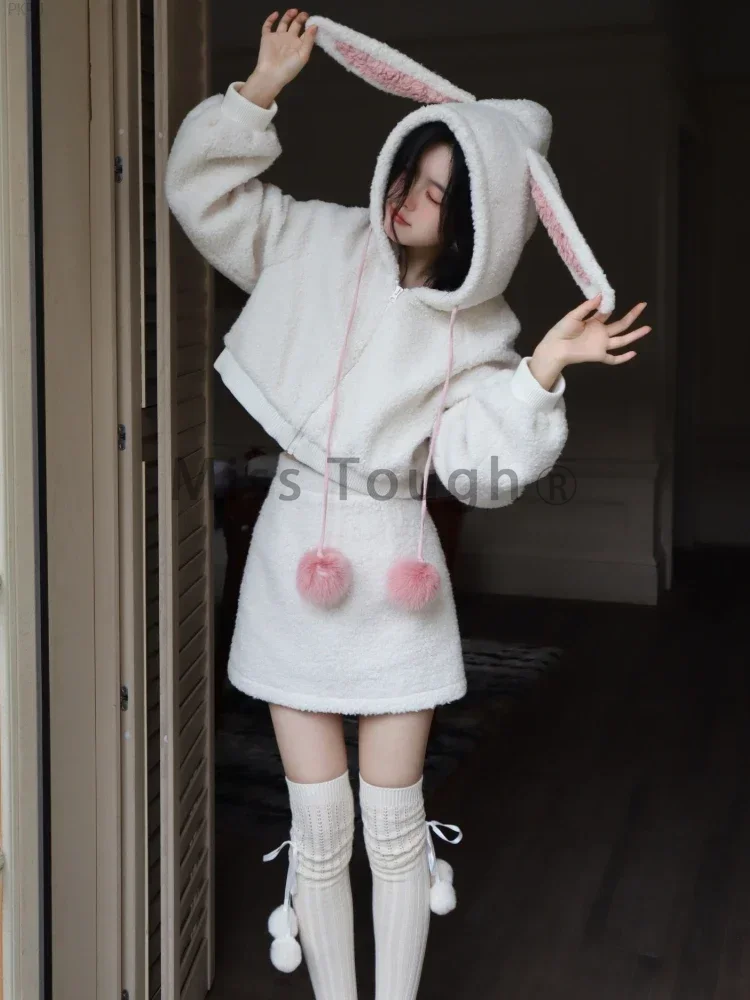 Japanese Kawaii Lolita New 2 Piece Set Women Wool Sweet Elegant Y2k Warm Suit Female Hooded Coat + Cute Mini Skirt Winter 2024