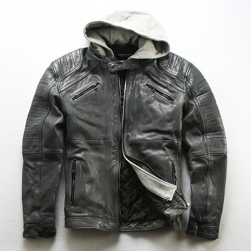 

Men's motorcycle sport casual hooded leather without water-dyed top layer vegetable-tanned