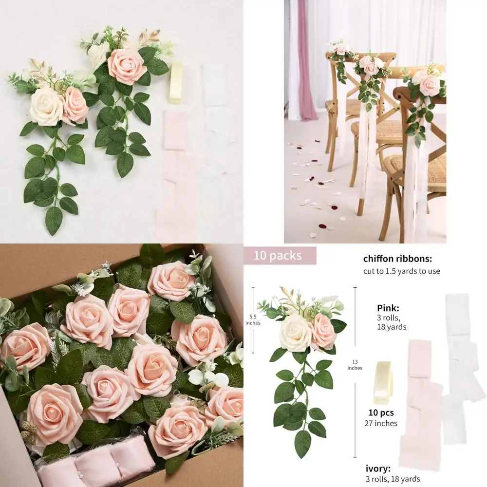 

Набор из 10 цветов для стульев для прохода — искусственные розовые и кремовые розы с эвкалиптом — 5,5 x 13 — традиционный и современный элегантный стиль