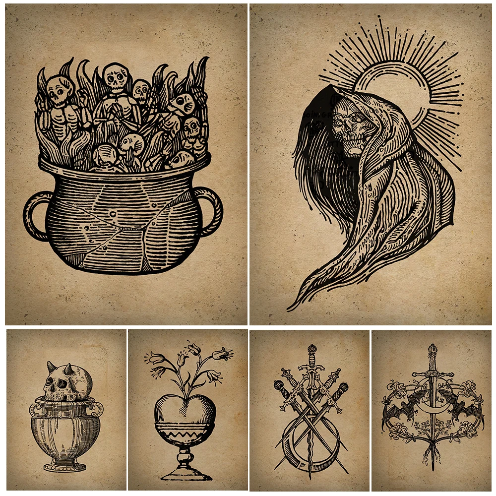 Alchemist And Witchcraft Illustration Wall Art Canvas Painting,Key,Holy Sword,Libra,Skeleton Undead,Abstract Art Poster Print