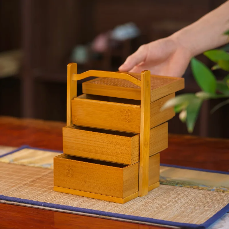 Scatola di bambù cinese a tre strati per picnic, scatola di frutta, snack portatile, piatto di frutta, scatola di immagazzinaggio portatile per set da tè