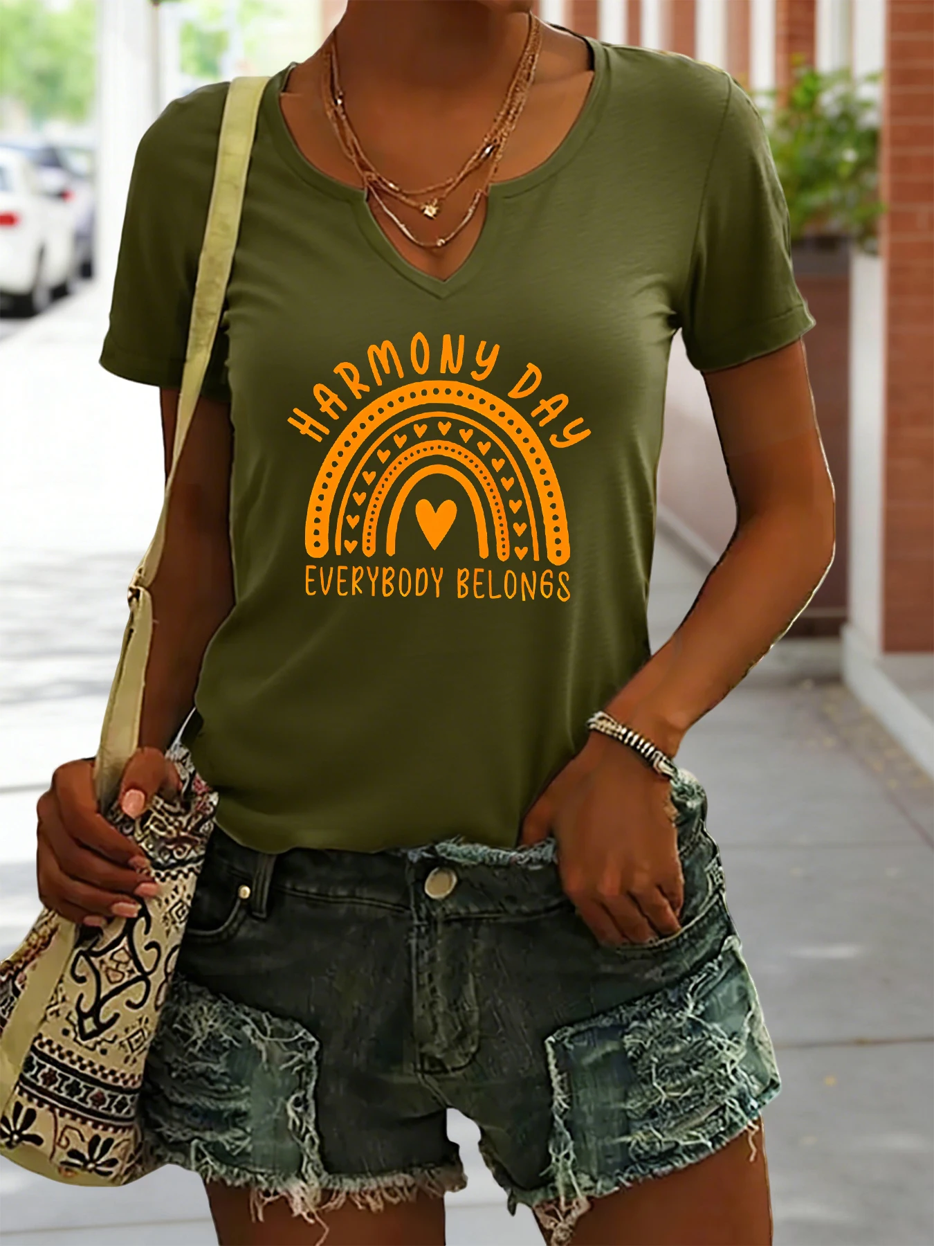 Women's Summer V-Neck Short Sleeve T-Shirt, Harmony Day Rainbow Heart Print, Everybody Belongs Casual Fashion Top