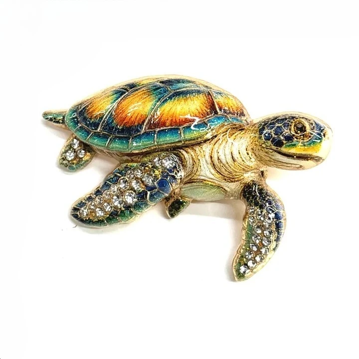 Vintage Enamel Sea Turtle Brooch Inlaid Crystal Rhinestone Alloy Metal Lapel Pin Ocean Animal Jewelry Accessory