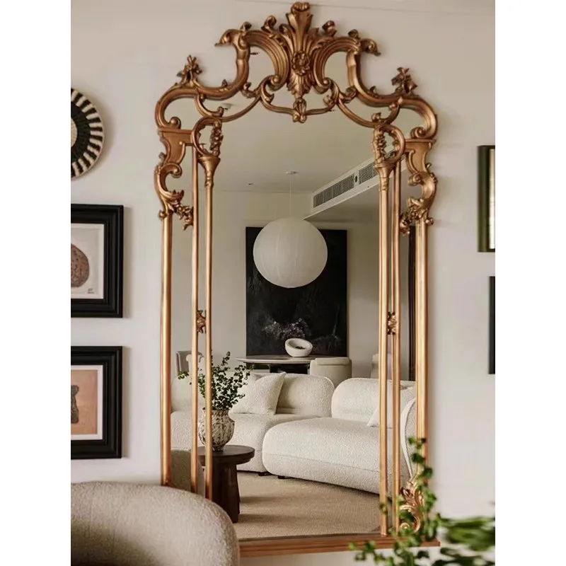 wall-mounted full-length mirror Luxury solid wood carving flower floor-to-ceiling mirror wedding dress
