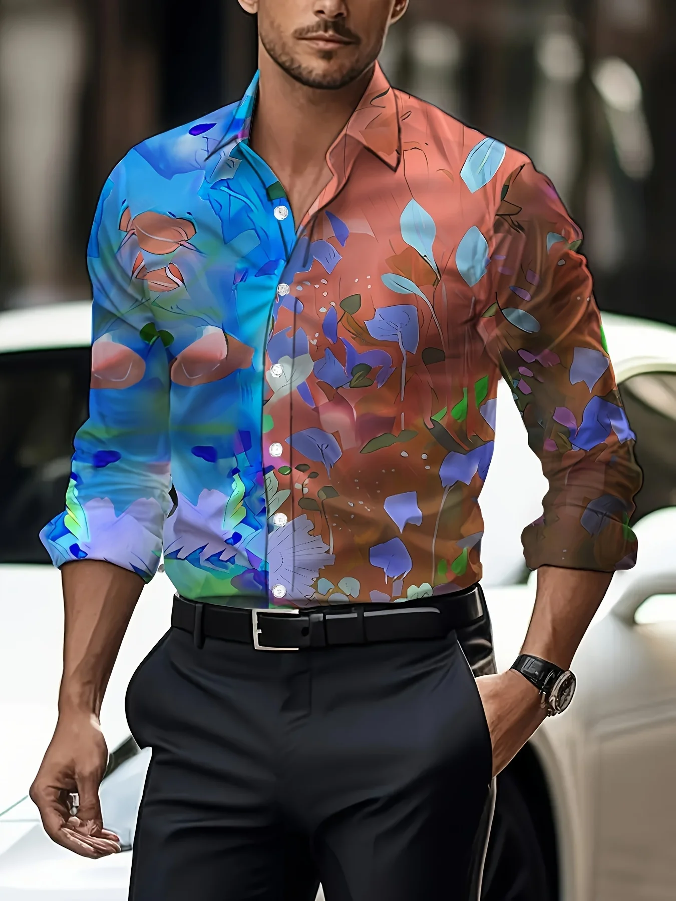 Men\'S Floral Print Long Sleeve Shirt Regular Fit, Single Breasted, Lapel Collar SpringFall Top Men\'s Clothing Men\'s Formal shirt