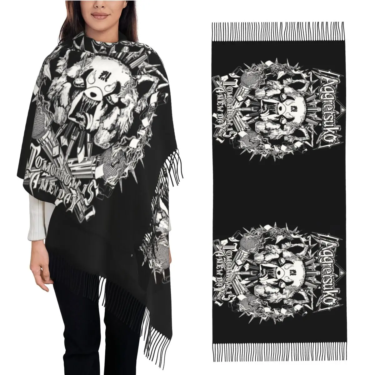 

Sanrio Aggretsuko Scarf Warm Soft Shawls and Wraps with Tassel Female Retro Headwear Scarves Winter Printed Bandana