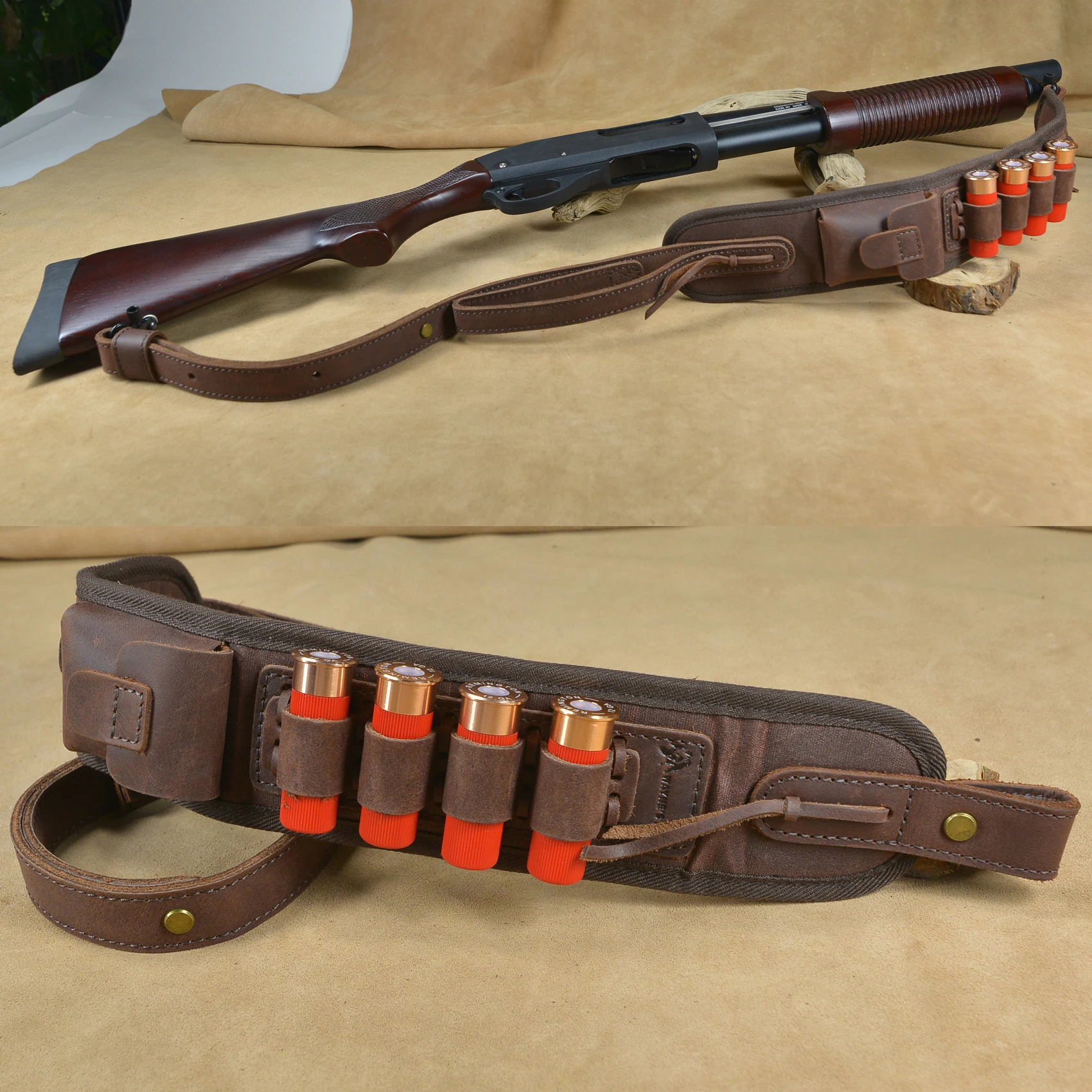 

Leather and Canvas Shell Slots AmmoHolder Sling Shooting Strap + Swivels .308 .30/06 .45-70 .22 12GA 16GA .30/30