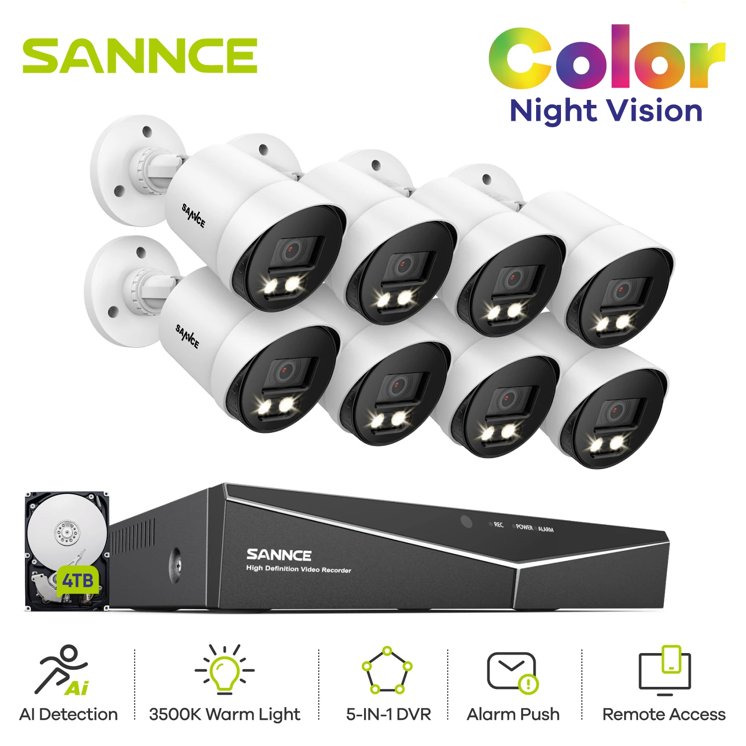 SANNCE 8CH HD 1080P CCTV System AI Detection 3.6MM Lens 2MP Security Cameras Full Color Night IP66 Waterproof Surveillance kit