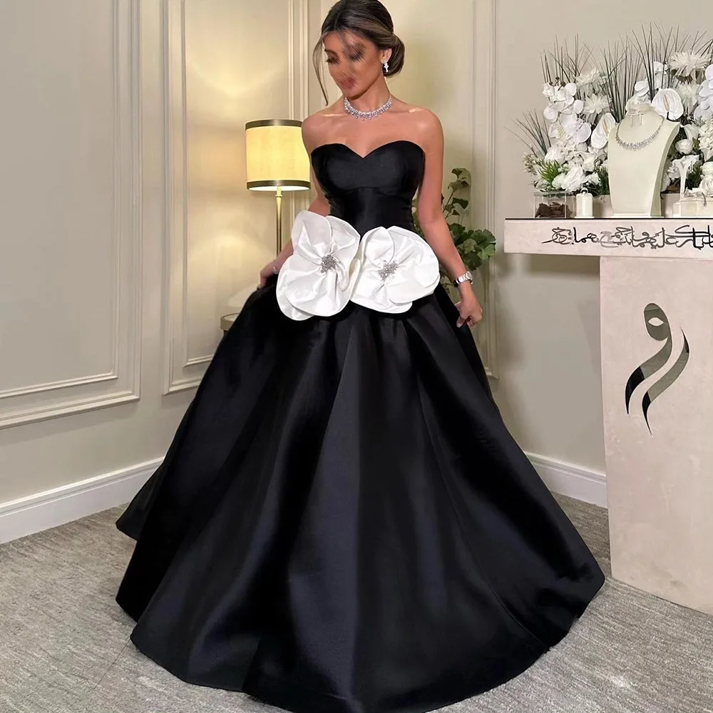 Mesprit Elegant Evening Dress for Woman Sweetheart Sleeveless Big Flowers A Line Satin Black Prom Dresses Princess Party Gown