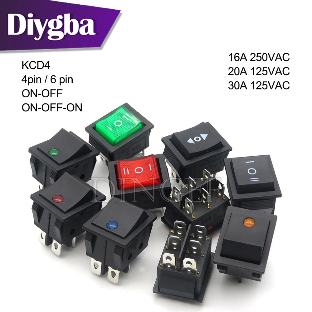 1PCS rocker switch KCD4 4PIN 6PIN 2 / 3 position ON-OFF Mini with light cat-eye 220V LED rocker switch button 16A 30A 250VAC 20A