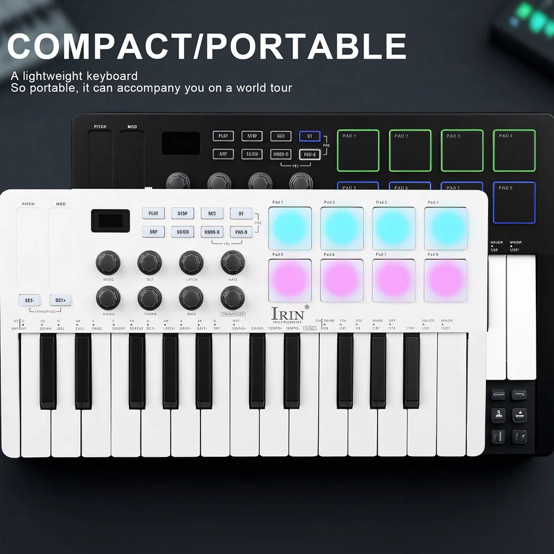 IRIN SMK-25 MIDI Pad Controller Keyboard USB Mini 25 Key 8 RGB Drum Pads 8 المقابض وإنتاج الموسيقى SMK-25 البرنامج متضمن