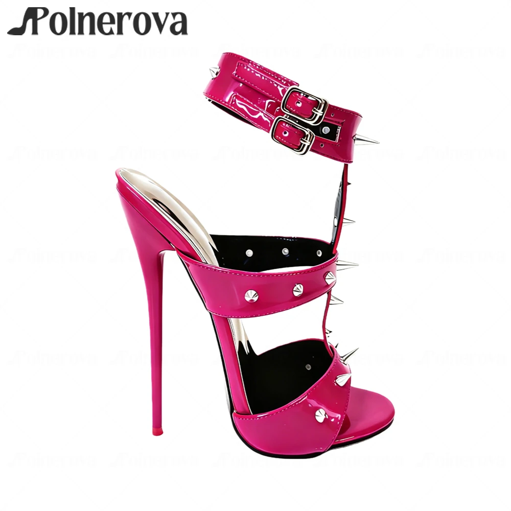 

16cm Lacquered Stilettos Studded Sandals Sexy Punk Style Peep Toe Buckle Summer High Heels Customizable Multiple Colors Sandals