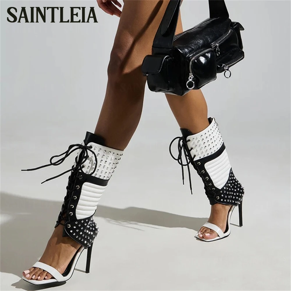 

White and Black Sandal Boots Spiky Silver Stud Embellishments Stiletto Boots Open Square Toe Women's Sporty Ankle Summer Boots