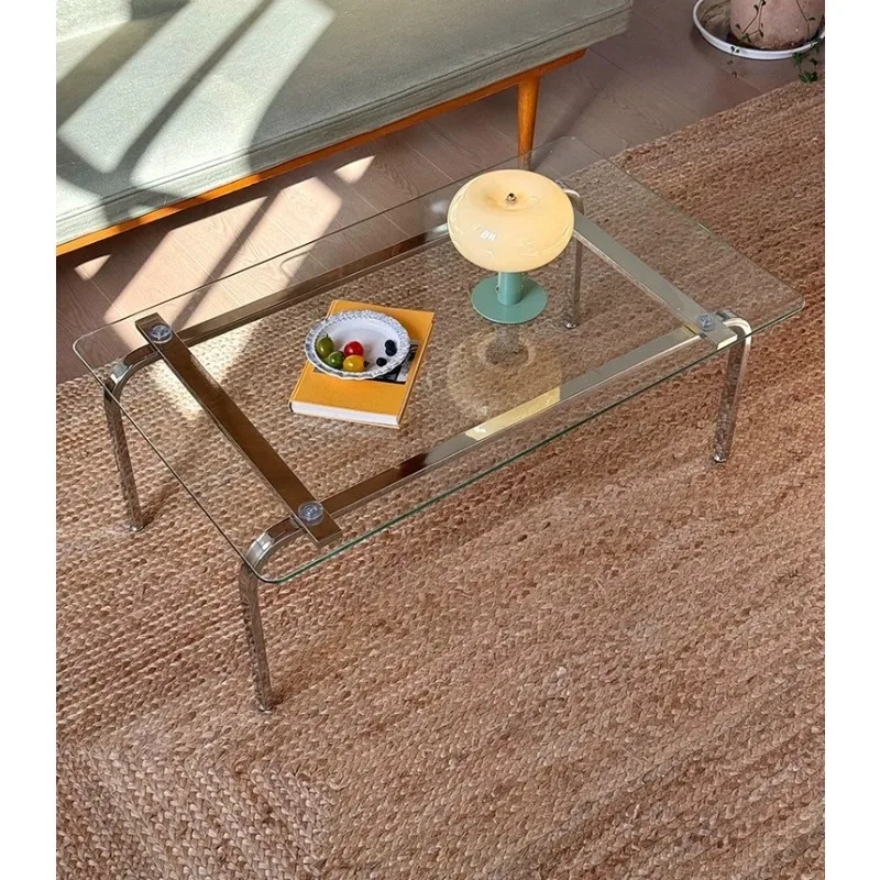 

Stainless steel glass coffee table small apartment simple transparent living room sofa coffee table long table