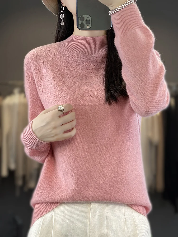Women Cashmere Sweater 100% Merino Wool Knitted Pullover  Autumn Winter  Mock Neck Hollow  Solid Color Knitwear Soft Casual Top