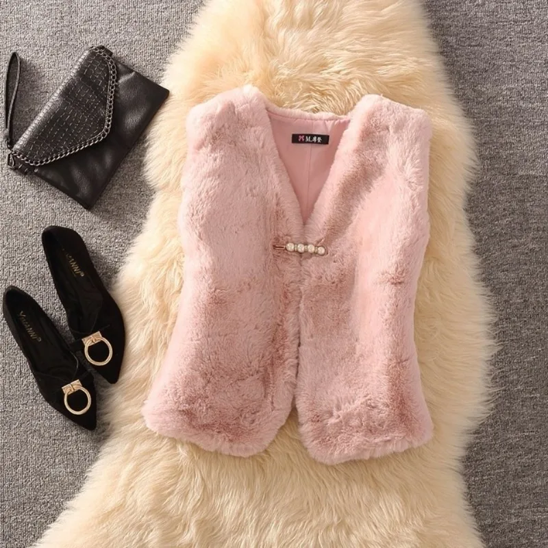 Autumn Winter New Women Short Imitated Mink Fur Vest Female Fashion V-neck Slim Short Waistcoat All-Match Solid Color outwear