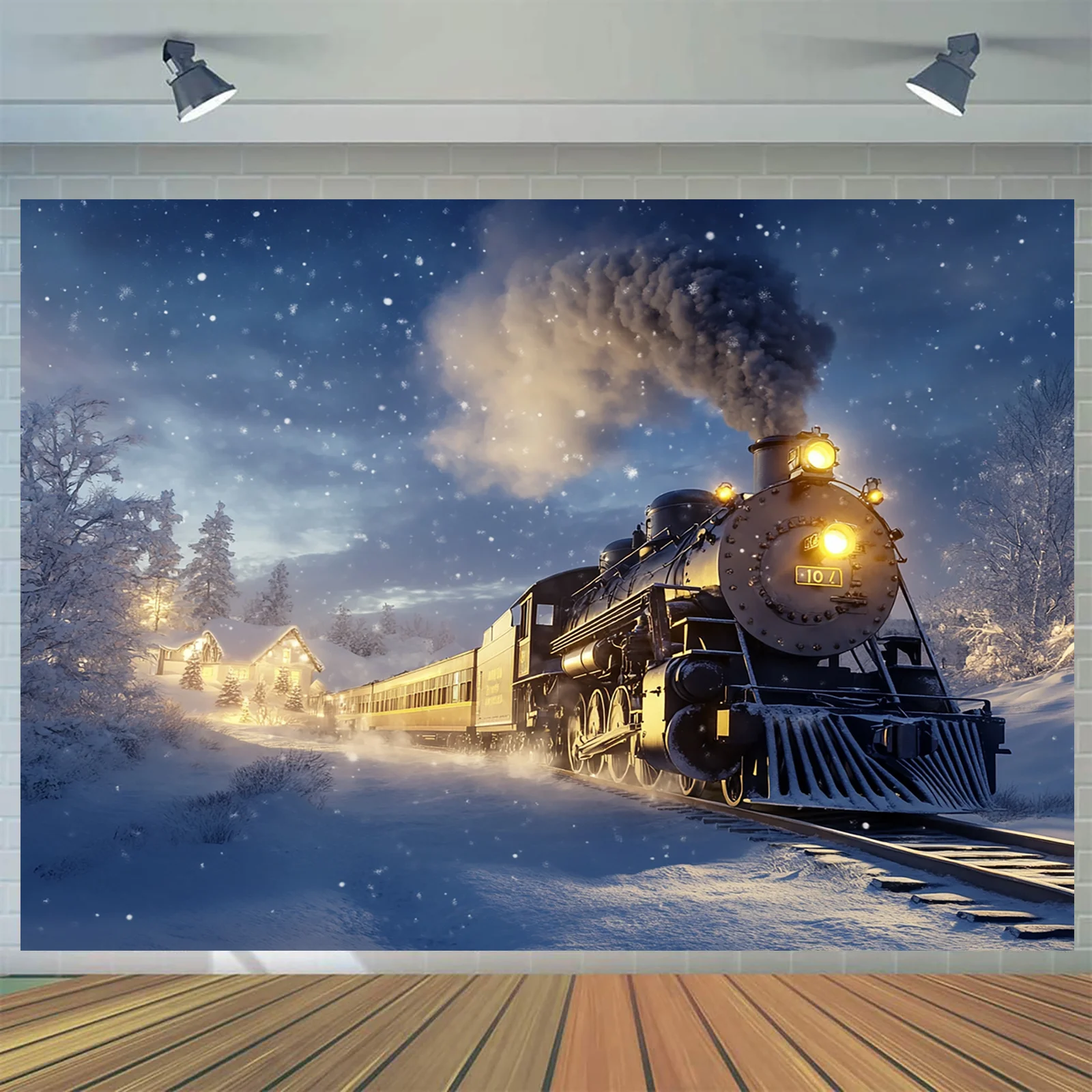 1 لافتة خلفية Polar Express - قاطرة بخارية ريترو في الشتاء الثلجي، رقاقات الثلج المتساقطة، عيد الميلاد، الزفاف، عيد الميلاد